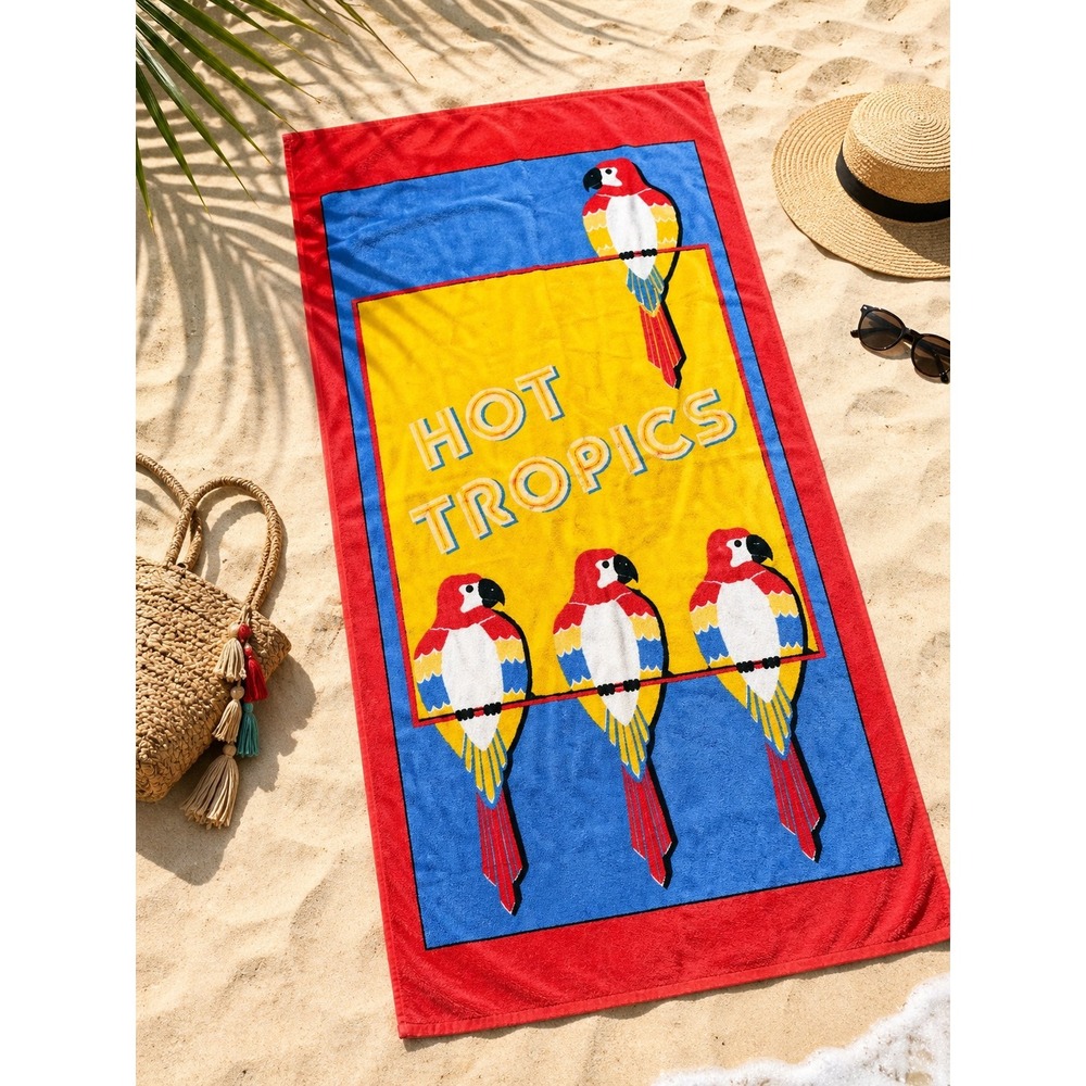 Vintage Cotton Beach Towel 80s Parrot Hot Tropics Bright Colorful Tropical Pool